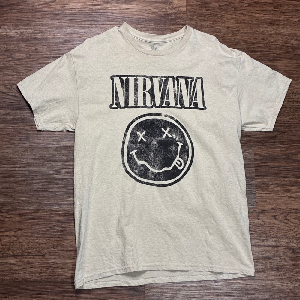 Nirvana Smiley Face T-Shirt Men's L Beige Grunge Band Rock Graphic Tee